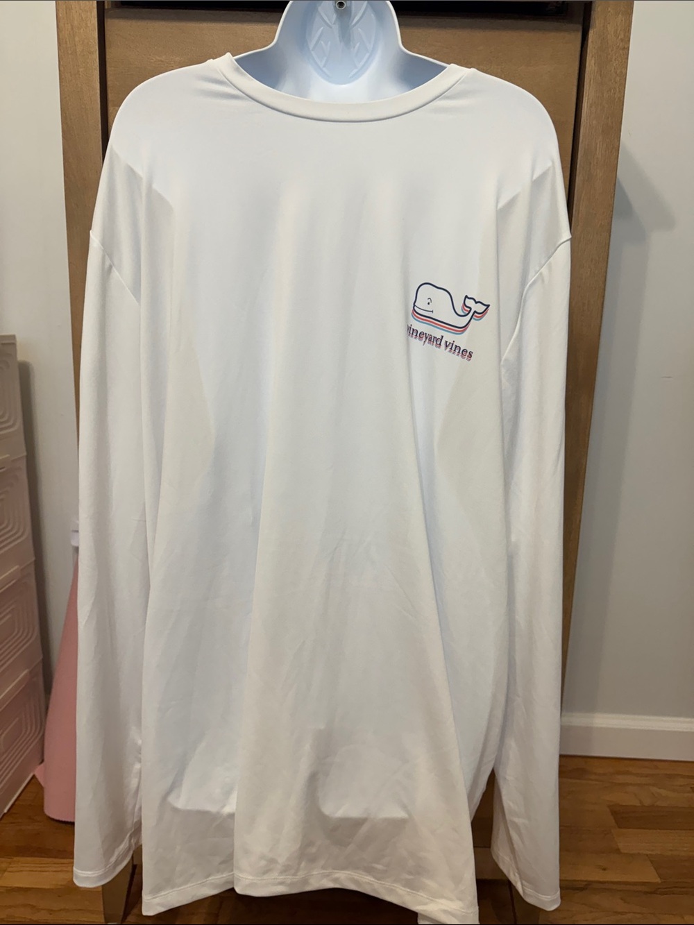 Vineyard Vines White Long Sleeve Tee with Coral & Blue Whale Logo